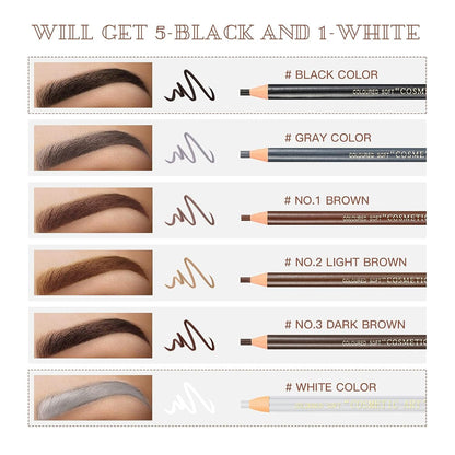 Waterproof Eye-Brows Pen-cil Set, Pull Cord Peel-off Eyebrow Pencil Microblading Eyebrow Pen Supplies Kit, White Eye-Liner Pencil and Eyebrows Tool Tattoo Makeup For Marking (5+1 Black)