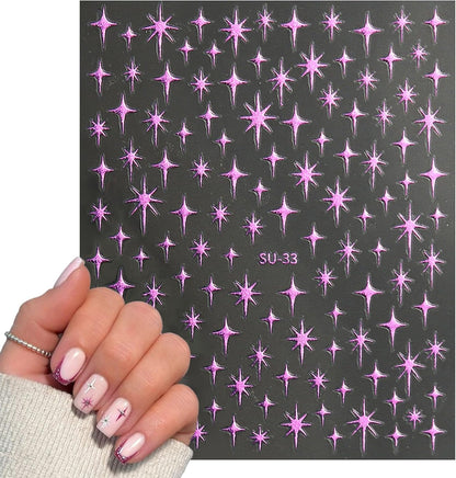 8 Sheet Bronzing Star Nail Stickers 3D Shiny Star Nail Decals Starlight Designs Sticker Nail Gold and Silver Purple Manicure Accessories for Women Nail Decorations