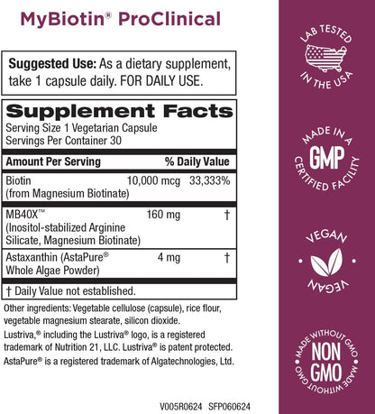 Purity Products MyBiotin ProClinical – Thicker Hair Starting in 3 Weeks & Fights Wrinkles - MB40X Patented Biotin Matrix w/Astaxanthin - 40X More Soluble vs Ordinary Biotin 90 Count