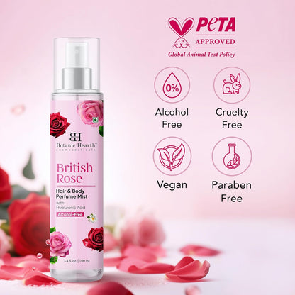 Botanic Hearth British Rose Hair & Body Perfume Mist with Hyaluronic Acid, Alcohol-Free, Refreshing & Hydrating Body Spray, Long Lasting Floral Fragrance, 100 ml / 3.4 fl oz