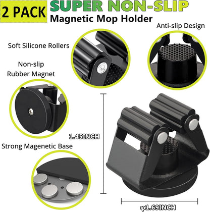 ULIBERMAGNET Magnetic Mop Broom Holder,Heavy Duty Movable Magnetic Broom Holder Rack,Anti-slip Wall Mounted Utility Storage Mop Shovel Hanger for Garage, Kitchen, Laundry, Garden(2 Pack/Black)