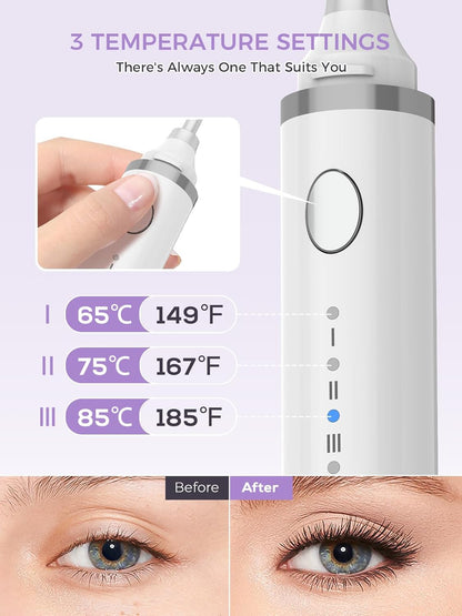 Smiling Shark Heated Eyelash Curler, 2025 New 360°Wand-Style Heated Lash Brush Rechargeable with 3 Brush Heads & 3 Temp 【Lengthen/Define/Curler】 3-in-1 Lash Curler for All Types of Lashes, White