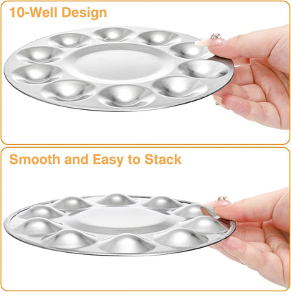 10 Pack Paint Tray Palettes, 6.7" Metal Paint Mixing Pallets, 10-Well Painting Palette, Washable Round Paint Holder Tray for DIY Craft Professional Watercolor Oil Art Painting Project, Silver
