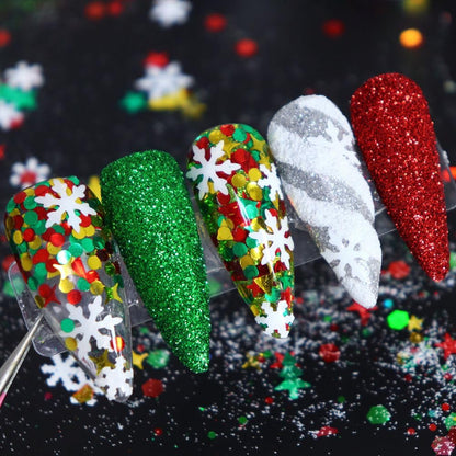 Christmas Nail Art Glitters Sequins, 12Boxes Winter Nail Art Decoration Flakes 3D Snowflake Nail Decals Red Green Nails Art Designs Holographic Christmas White Snowflake Glitters for Nails Decorations