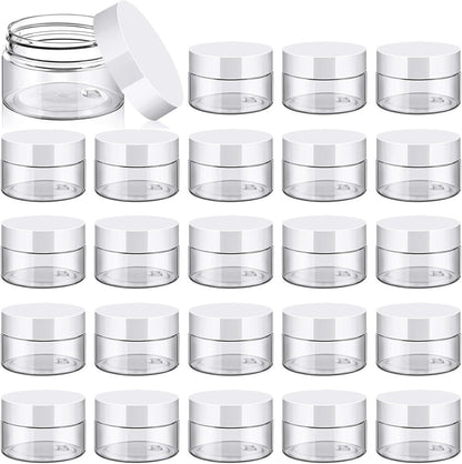 TUZAZO 24 Pack 1 Oz Small Plastic Container Jars with Lids and Labels BPA Free, Empty Round Clear Cosmetic Containers Plastic Slime Jars for Lotion, Cream, Ointments, Samples, Travel Storage (24)