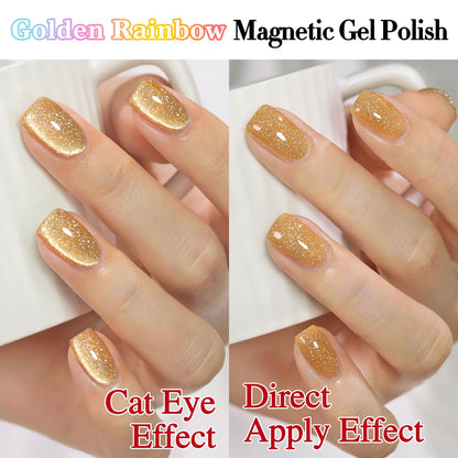 Double Rhythm Cat Eye Gel Polish with Magnet 15ML Holographic Glitter Shimmer Translucent Sheer Color Glass Magnetic Gel Polish Salon DIY at Home (Light Gold-MC1064)