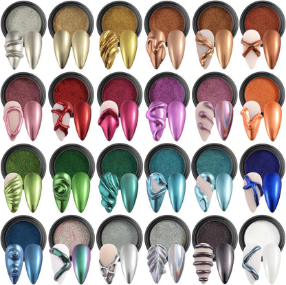 24 Colors Chrome Nail Powder Set Metallic Mirror Effect Gold Silver Pink Chrome Nail Powder White Pearl Iridescent Multi Chrome Powder for Nails Chameleon Rubbing Pigment Manicure Supplies