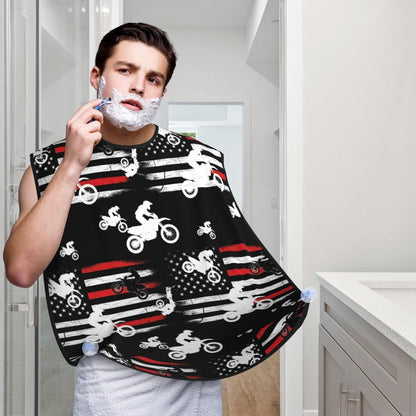 Beard Bib Apron for Men Shaving, Waterproof Non-Stick Hair Catcher with Suction Cups, Grooming Essential for Dad Husband, Motorcycle Dirt Bike Thin Red Line American Flag Black Shave Bib