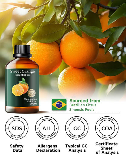 Orange Essential Oil Pure,Mumianhua Natural Sweet Orange Oil for Diffuser, Humidifier, Air Purifier, Skin,Home, Soap, Candle Making, Room Spray, Cleaning 3.38Fl Oz