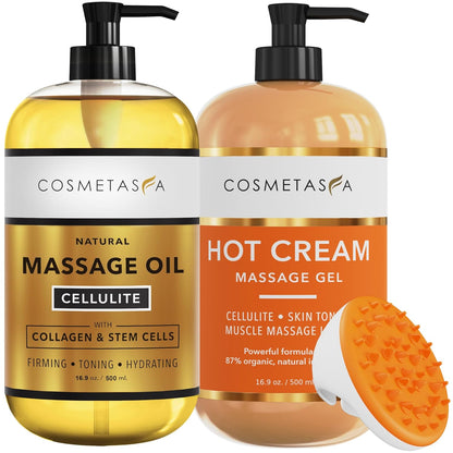 Cellulite Massage Oil, Gel & Mitt - Natural Hot Cream Massage Gel, Oil & Massager - Firm, Tone, Tighten & Moisturize Skin. Soothes Muscles (16.9 oz)
