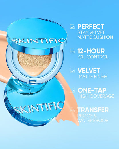 Velvet Matte Cushion Foundation Blue Ultra Cover Powder Foundation, 12h Oil-Control, Lightweight, Long-Lasting, Waterproof Korean Cushion Makeup (02N Natural Ivory)