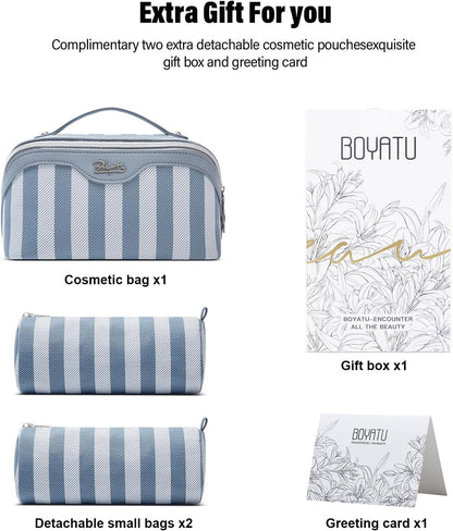 BOYATU Travel Makeup Bag for Women: Large Cosmetic Bag Set of 3 - PU Leather Make up Bag with Compartments - Compact Waterproof Toiletry Bag with Divider & Handle (A-02Blue)