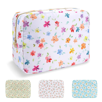 Waterproof Large Floral Makeup Pouch,Nylon Travel Toiletry Storage Purse Preppy Cosmetic Bag for Women Girl,Large Capacity Makeup Organizer Zipper Pouch for Work(L Colorful-Flowers)