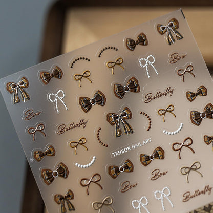 Bow Nail Stickers 5D Embossed Nail Art Decals Self-Adhesive Brown White Bows Nail Art Stickers for Women Girls Kids Nail Supplies Accessories