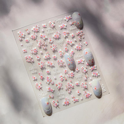 Cherry Blossoms Nail Art Stickers Pink White Flowers Nail Decals for Acrylic Nails 5D Embossed Self-Adhesive Flower Designs Nail Sticker Spring Summer Cute Floral Nail Decal for Women DIY Nail Decor