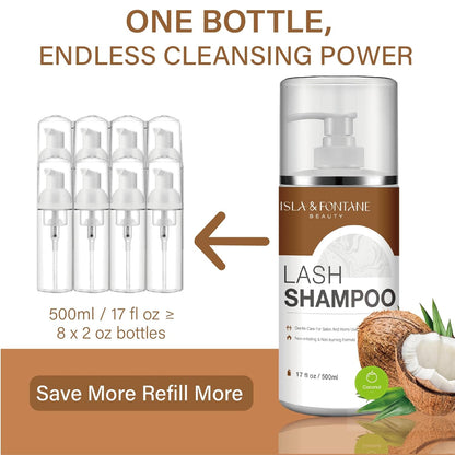 ISLA & FONTANE Lash Shampoo Bulk – Multi-Scent Series – 17 fl oz / 500ml | Gentle Eyelash Cleanser for Lash Extensions | Non-Irritating | Professional Lash Bath Foam For Salon And Home Use (Coconut)