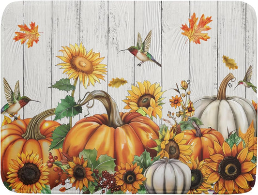 Autumn Harvest Pumpkin Dish Drying Mat for Kitchen Counter Sunflower Maple Leaves Fall Dish Drying Mat 18”x24” Thanksgiving Dishes Pad Dish Drainer Rack Mats Absorbent Fast Dry Kitchen Accessories