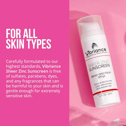 Vibriance Sheer Zinc Sunscreen - Tinted Sunscreen for Face SPF 50, Lightweight Facial Moisturizer with Niacinamide, Hyaluronic Acid - 1.7 fl oz