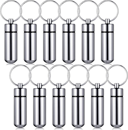 Patelai 12 Pcs Portable Keychain Pill Holder Mini Pocket Pill Case for Men Women Aluminum Geocache Containers Waterproof Metal Medicine Bottle Organizer for Outdoor Camping Travel(Silver)