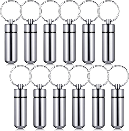 Patelai 12 Pcs Portable Keychain Pill Holder Mini Pocket Pill Case for Men Women Aluminum Geocache Containers Waterproof Metal Medicine Bottle Organizer for Outdoor Camping Travel(Silver)