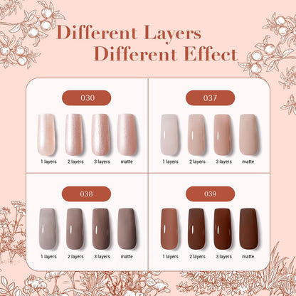 AZUREBEAUTY Nail Polish Set, 4 Colors Nude Brown Skin Glitter Quick Dry Natural Nail Lacquer Strengthening Treatment Kit with Top Coat DIY Salon at Home