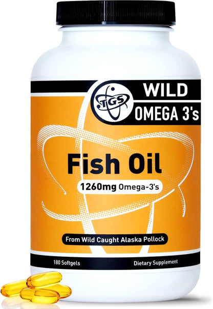 TGS Triple Strength Omega 3 Fish Oil Supplement - 1260mg EPA DHA for Men & Women - Burpless, Pure Omega 3 Fatty Acids from Wild Alaska Pollock in Triglyceride Form - 180 Capsules, 90 Servings