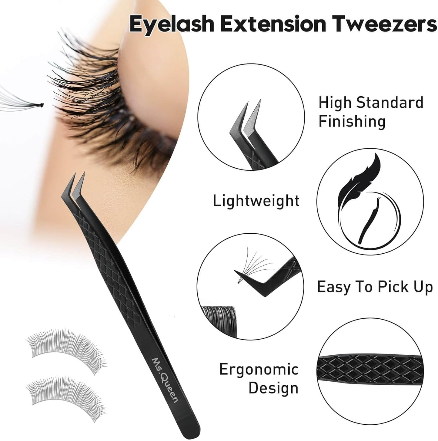 Ms.Queen Fiber Tip Lash Tweezers, Precise Diamond Grip L-Shape Boot Volume Eyelash Extension Tweezers,Black