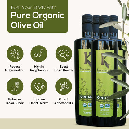 Kasandrinos Organic Olive Oil Extra Virgin, Polyphenol Rich Greek Olive Oil, 100% Organic First Cold Pressed, Mild + Delicate Flavor, Verified by Non GMO, 1 L / 33.8 oz (Pack of 4)