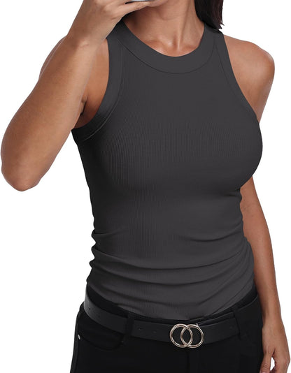 GEMBERA Womens Sleeveless Racerback High Neck Casual Basic Cotton Ribbed Fitted Tank Top