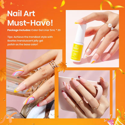 Beetles French Tip Gel Liner Nail Polish Set- 20 Colors Nail Art Polish Brown Glitter Pink Blue White Red Purple Swirl Gel Nails Polish Nails Art Painted Build in Thin Brush Manicure Gifts for Women