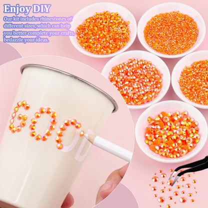 25000Pcs Resin Rhinestones with Tweezers for Crafting, Orange AB 2-6mm Mixed Sizes Bedazzling Crystal with 3Pcs 10ml B7000 Jewelry Glue for DIY Crafts Clothing Tumblers Shoes Fabric Nail Art