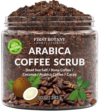 First Botany Cosmeceuticals, 100% Natural Arabica Coffee Scrub with Organic Coffee Coconut & Shea Butter Acne Anti Cellulite & Stretch Mark treatment Spider Vein Therapy, Varicose Veins Eczema, 10 oz