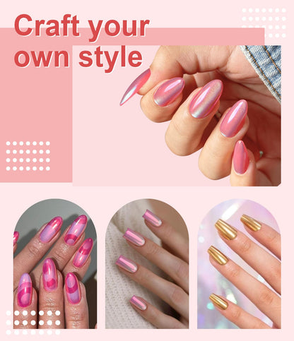 Chrome Nail Powder BISHENGYF -【Fairy Effect】Gold Chrome Nail Powder Aurora Mermaid White Pearl Pink Chrome Powder For Nails, Metallic Mirror Pigment Glitter Dust For Manicure Decoration DIY