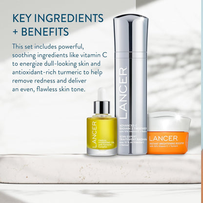 Lancer Skincare Bright & Radiant 3-Piece Set with Instant Brightening Booster, Omega Hydrating Oil, and Advanced C Radiance Treatment for Glowing Skin