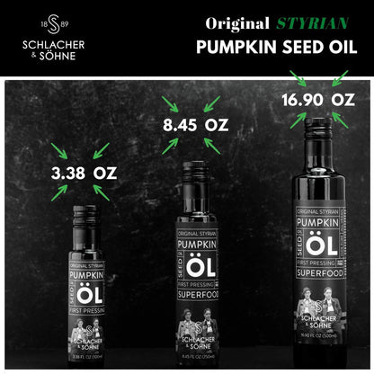 Schlacher & Söhne Styrian Pumpkin Seed Oil: 100% Pure, Cold Pressed, Non GMO, Gluten Free, Vegan, May Helps in Hair Growth, Made in Austria (500 ml, 16.9 FL OZ)