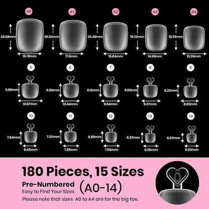 Beetles Toe Nail Tips Square for Big Toes - 15 Sizes 180 Pcs Long Wider Full Cover Toenail Tips Fake Acrylic Pre-etched Double Matte Nail Extensions, Press on Toe Nails for Wide Nail Beds