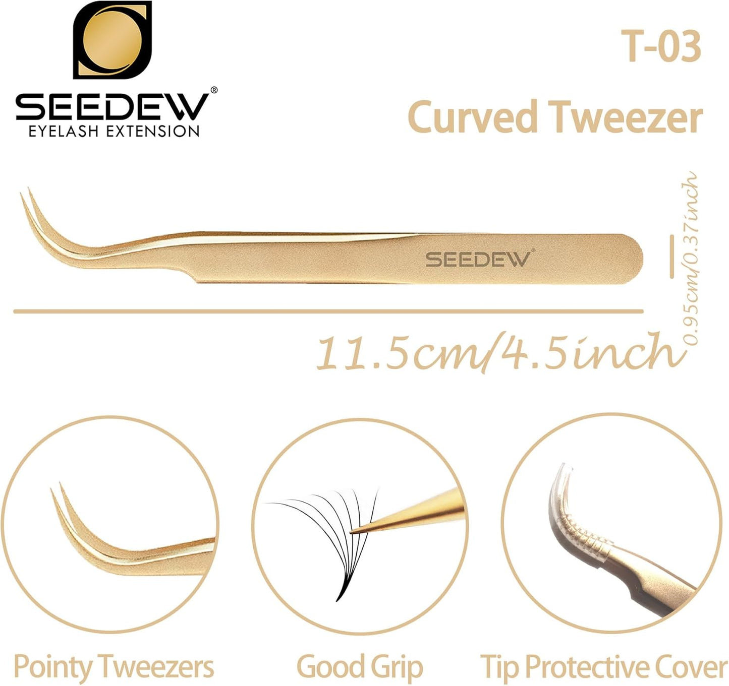 SEEEDEW Tweezer Eyelash Extensions - 1 Pcs Stainless Steel Curved Pointy Precision Tweezer for Lash Tech, Lash Artist Beginner (Golden)