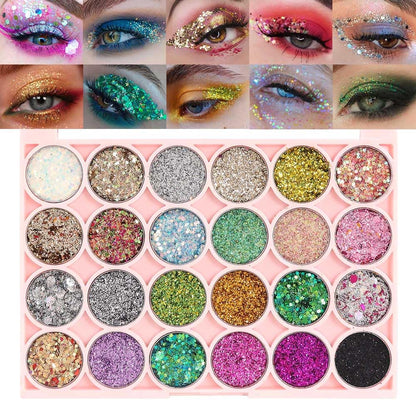 evpct 24 Colors Glitter Sparkle Eyeshadows Palette Makeup for Women, Black White Pink Green Blue Rainbow Neon Metallic Shimmer Shiny Eyeshadow Palette, Body Pressed Eye Shadow Glitter Palette Makeup