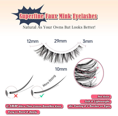 Cat Eyelashes Wispy False Eyelashes Natural 12mm Short Lashes with Thin Band Fake Eyelash 3D Volume Strip Lashes Siligli Eyelash Pack 7 Pair