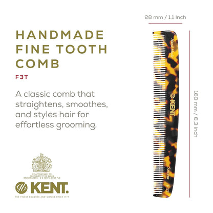 Kent F3TY Fine Tooth Comb - Hair Parting and Straightening Comb for Men's & Women's Dandruff Remover, Saw Cut and Hand Polished Made in England