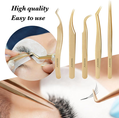 Tweezer Eyelash Extensions - 1 PCS Stainless Steel 45 Degree Curved Pointy Tweezer Isolation Professional Precision Supplies Lash Application Tools for Lash Tech and Artist (Golden)