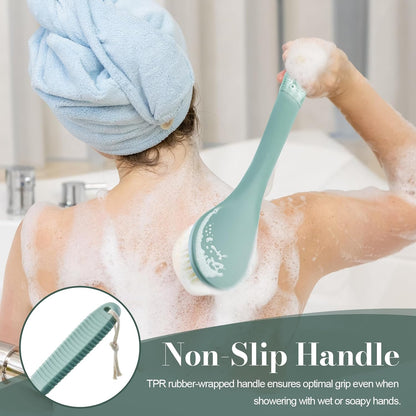 Back Scrubber for Shower, Shower Body Brush for Cleaning with Long Handle for Showering, 17 Inch Back Washer Exfoliator for Shower Men Women with Non-Slip Handle, Adhesive Hook (Pea Green)