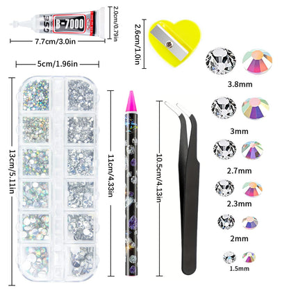 Canvalite Rhinestones 2784PCS in 6 Sizes Flat Back Gems, Crystal AB Art Gems with 5Pcs B7000 Glue, Pick Up Tweezers and Picker Dotting Pen for Nails, Makeup, Stocking Stuffers Gifts for Women