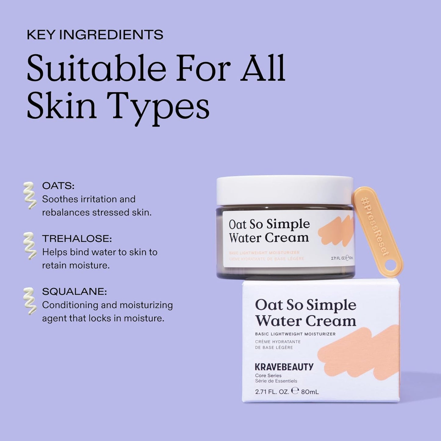 KraveBeauty Oat So Simple Water Cream, Enriched With Oat & Squalane To Soothe & Lock In Moisture, Everyday Moisturizer, For All Skin Types, Vegan & Cruelty Free, 2.7 fl oz