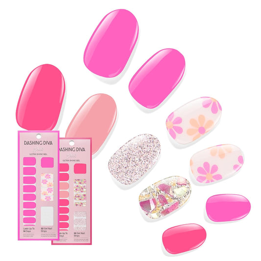 Dashing Diva Gloss Nail Strips Bundle - The Bright Pinks Collection - Coral Reef & Palm Beach - UV Free, Chip Resistant, Long Lasting Gel Stickers - Contains 2 Sets