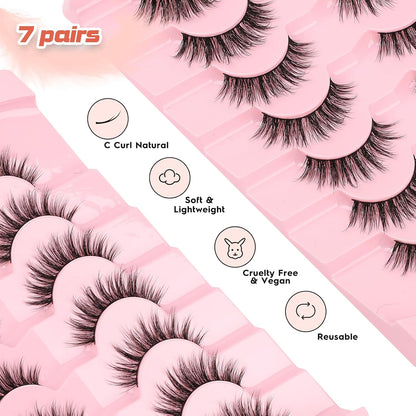 False Lashes Wispy Eyelashes Natural Look 15MM Fake Eyelash with 0.1MM Thin Band Lightweight 3D Volume Fluffy Eye Lashes C Curl Soft Lash Pack Siligli 7 Pair