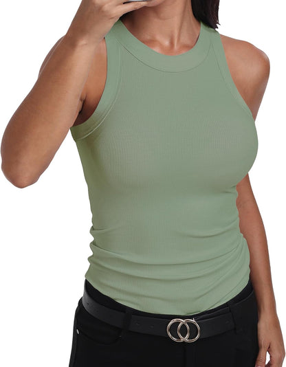 GEMBERA Womens Sleeveless Racerback High Neck Casual Basic Cotton Ribbed Fitted Tank Top