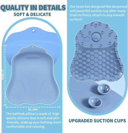 Silicone Bath Pillow for Tub – Ergonomic Bathtub Headrest with Inflatable Air Cushion, Non-Slip Suction Cups & Neck/Back Support – Comfortable Spa Bath Accessory for Relaxation (Blue)