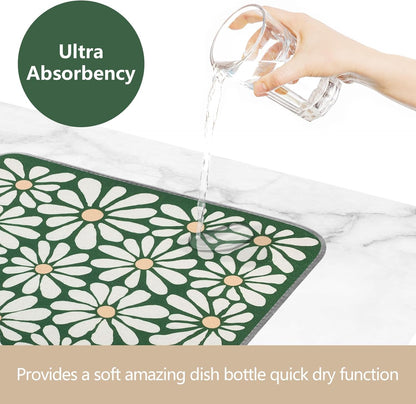 SHIYUE Dish Drying Mat for Kitchen Counter Super Absorbent Spring Kitchen Decor Microfiber Drying Matainers Rack Fast Pad Dish Drainer Mats(Green Flower,16''x18'')