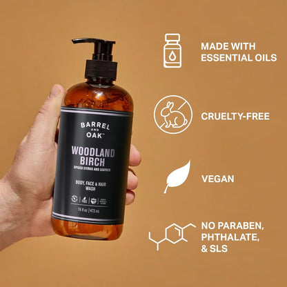 Barrel & Oak All-in-One Wash for Face, Hair, & Body, Vegan & Hydrating Face, Shampoo and Body Wash for Men, Grooming Kit Gifts for Men, Woodland Birch, 16 oz